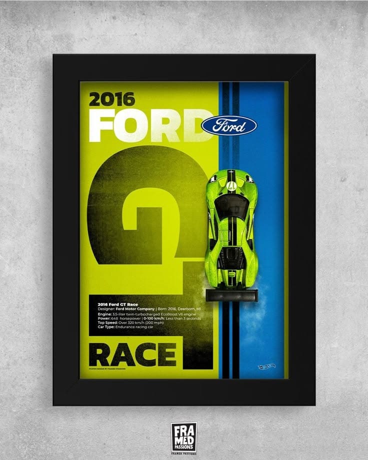 Framed 2016 Ford GT Race Car Wall Art with 3D Diecast Model